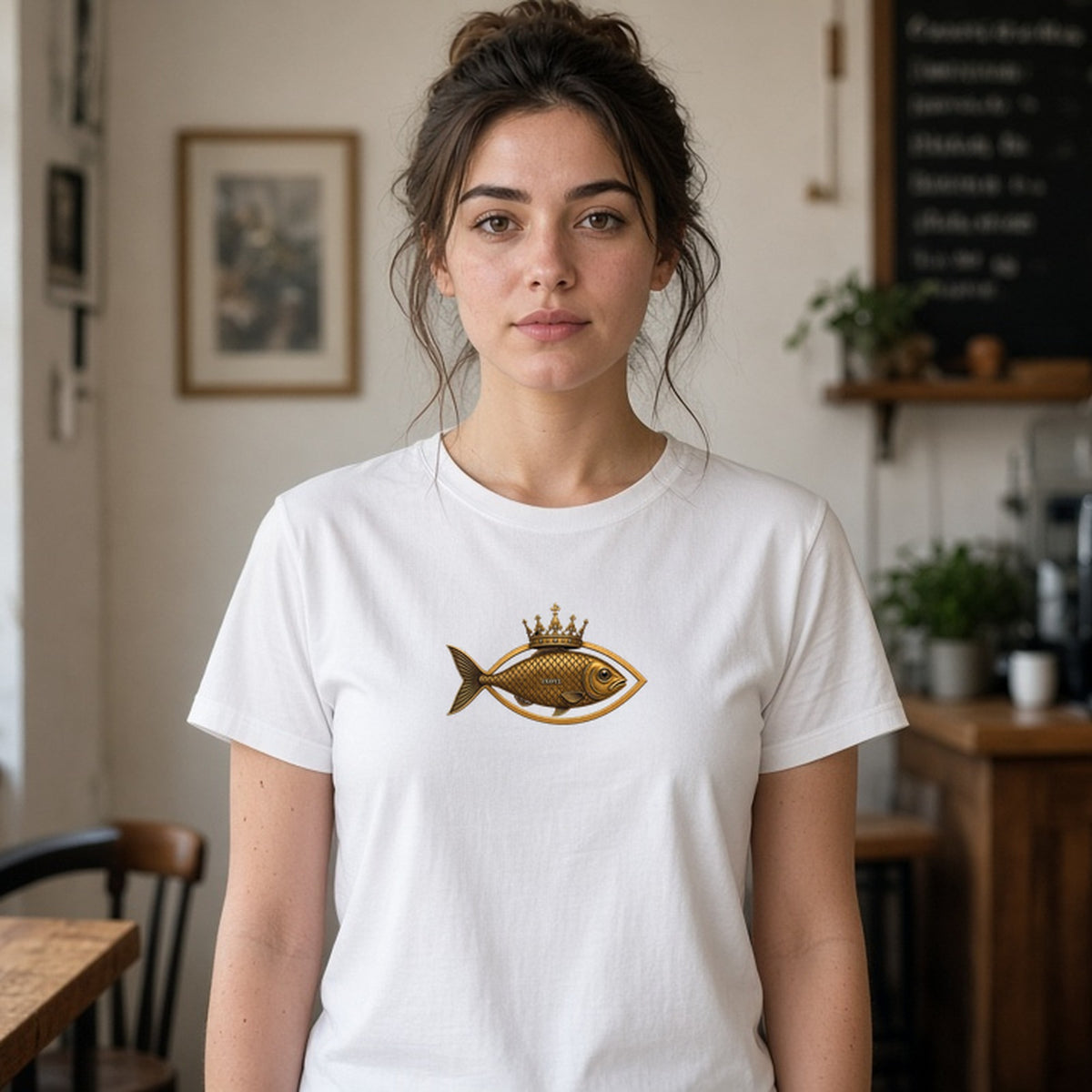 Model wearing crowned ichthys jesus fish lightweight tee