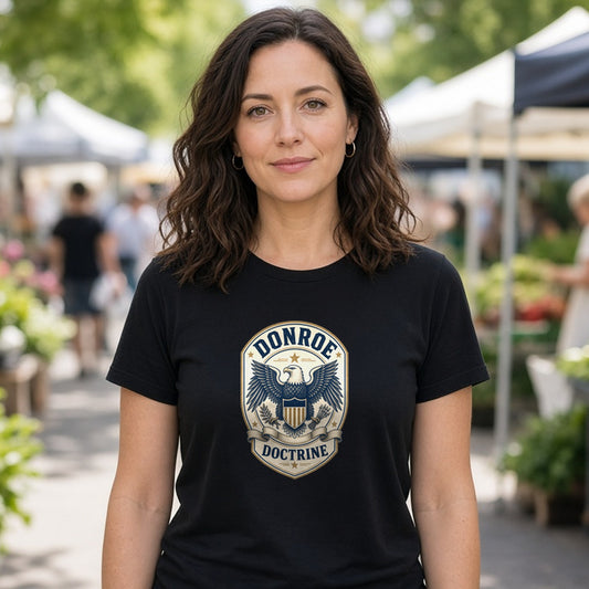 Model wearing donroe doctrine badge lightweight tee