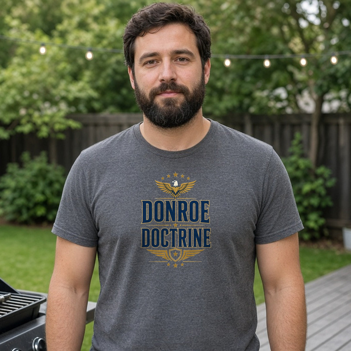 Model wearing donroe doctrine stacked lightweight tee