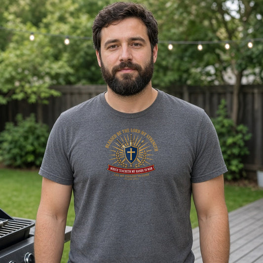 Model wearing hands to war psalm 144 1 lightweight tee