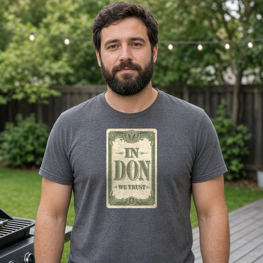 Model wearing In Don We Trust Card Lightweight Tee