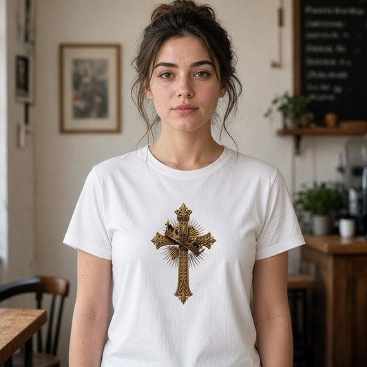 Model wearing inri crowned cross lightweight tee