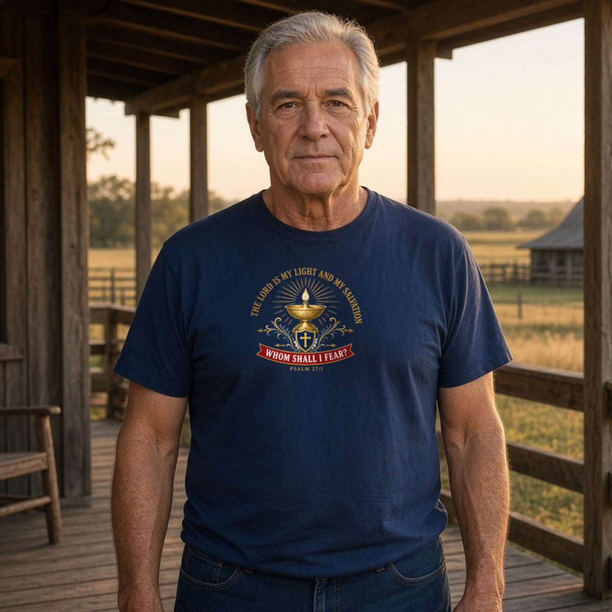 Model wearing light salvation psalm 27 1 lightweight tee