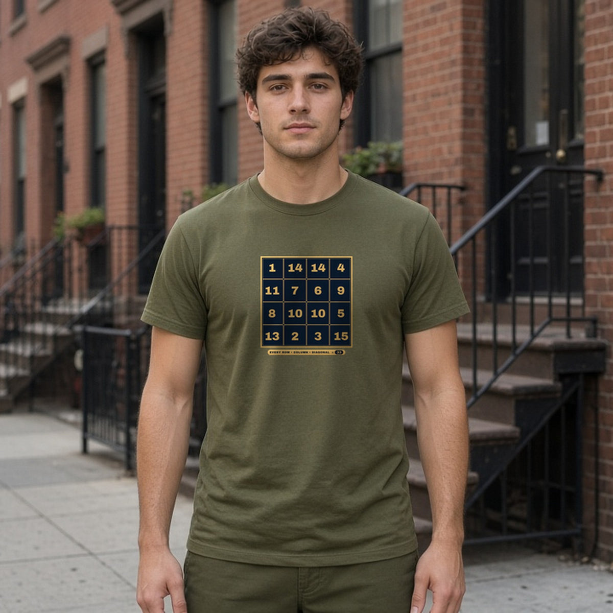Model wearing magic square 33 alpha omega lightweight tee