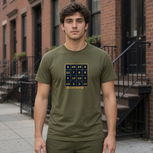 Model wearing magic square 33 alpha omega lightweight tee