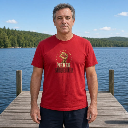 Model wearing never surrender gold fist lightweight tee