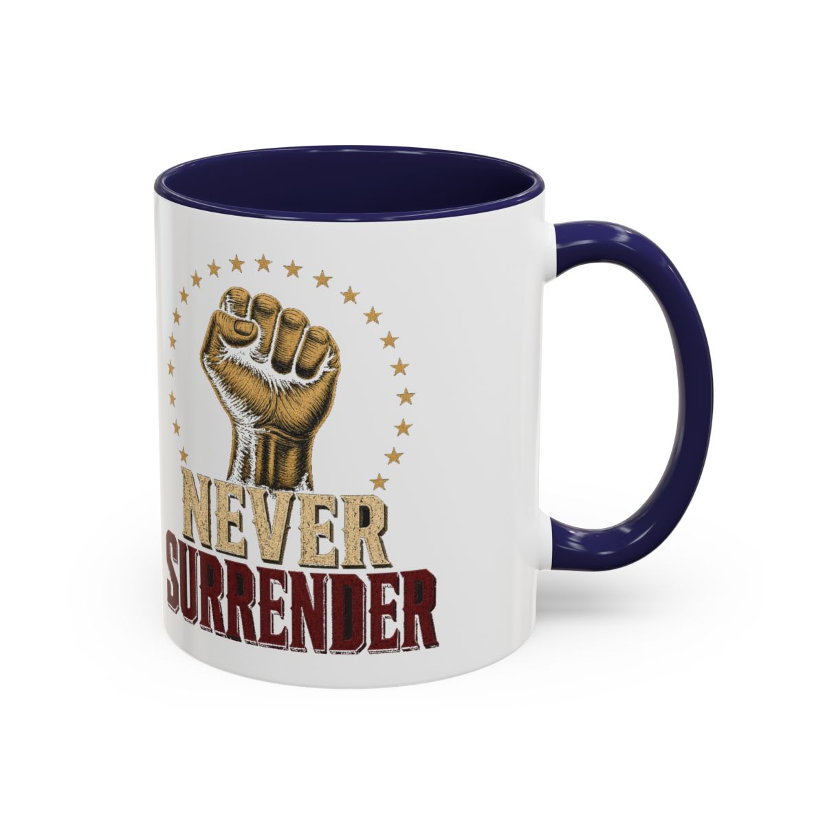 Never Surrender Accent Mug - Navy, handle right