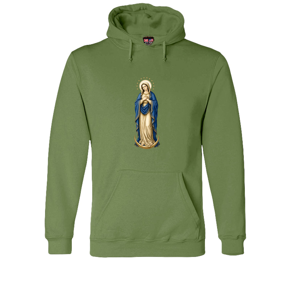 Mary, Crown of Twelve Stars Hoodie in Olive – front
