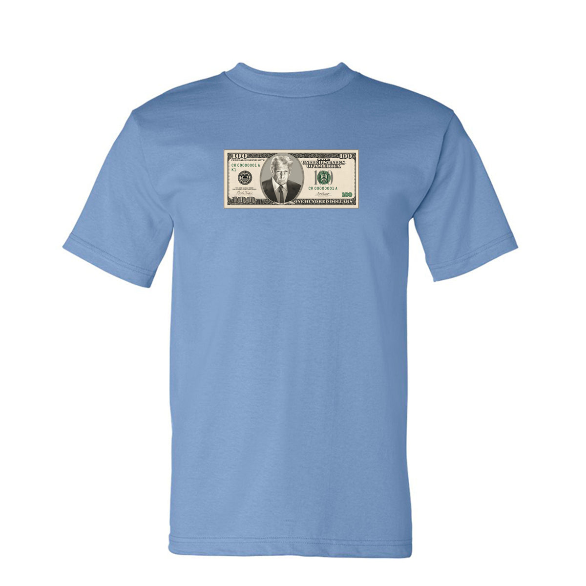 Trump $100 Bill Tee in Carolina Blue – front
