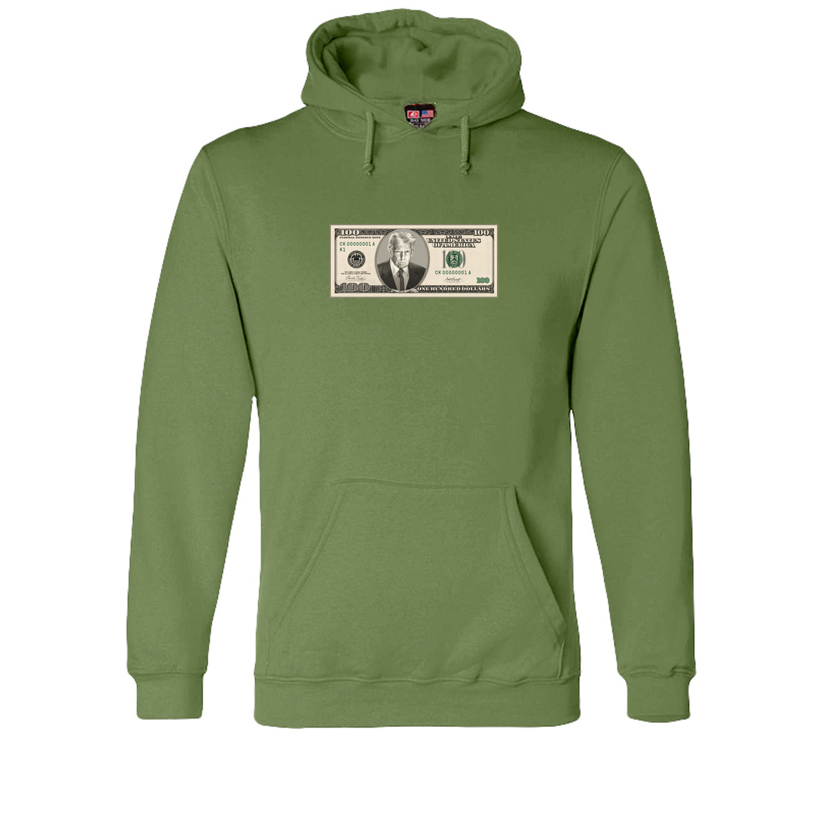 Trump $100 Bill Hoodie in Olive – front
