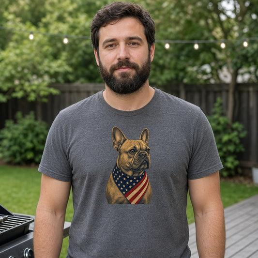 Model wearing patriotic french bulldog american flag bandana lightweight tee