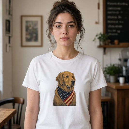 Model wearing patriotic golden retriever american flag bandana lightweight tee