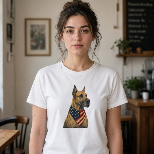 Model wearing patriotic great dane american flag bandana lightweight tee