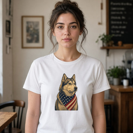 Model wearing patriotic husky american flag bandana lightweight tee