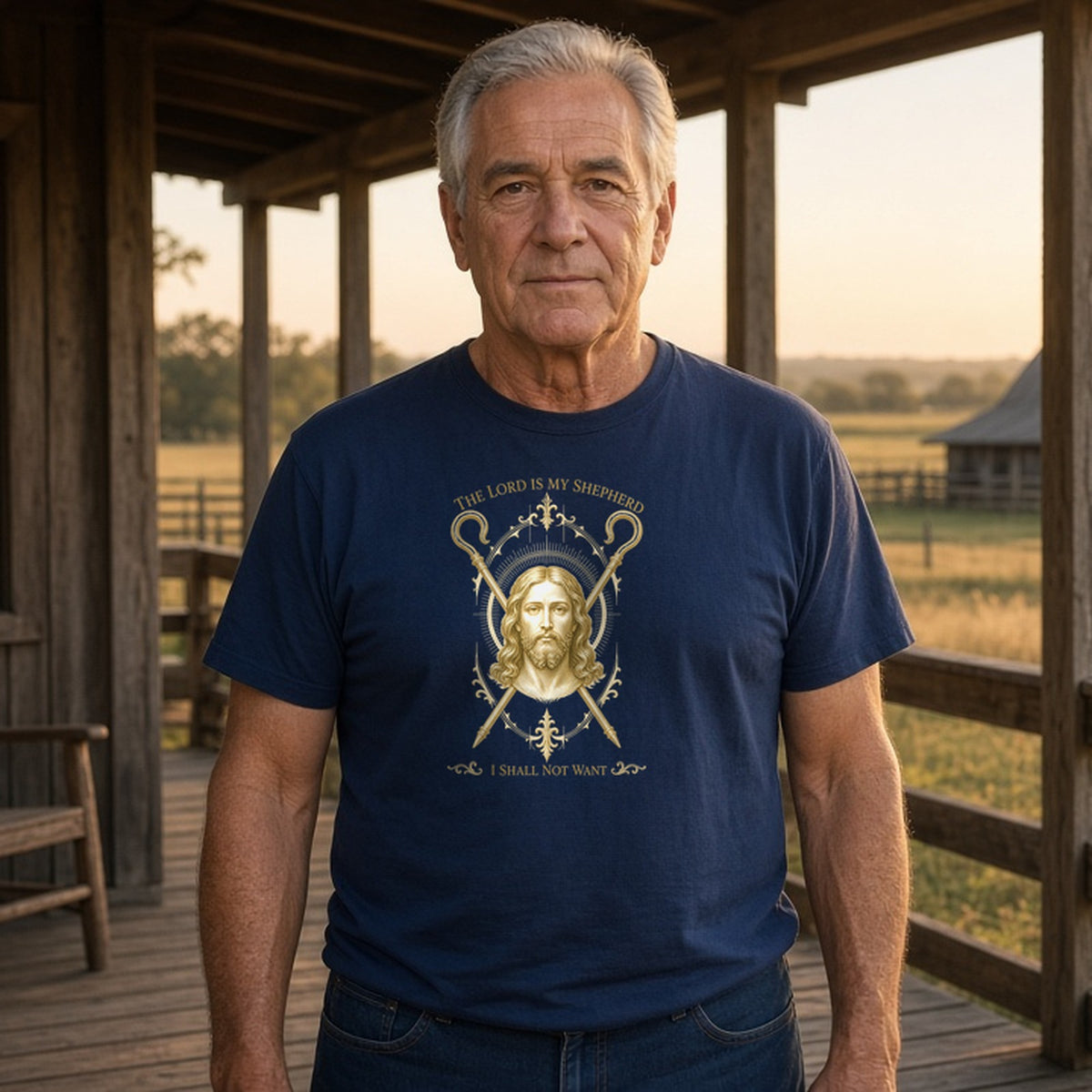 Model wearing the lord is my shepherd psalm 23 1 lightweight tee