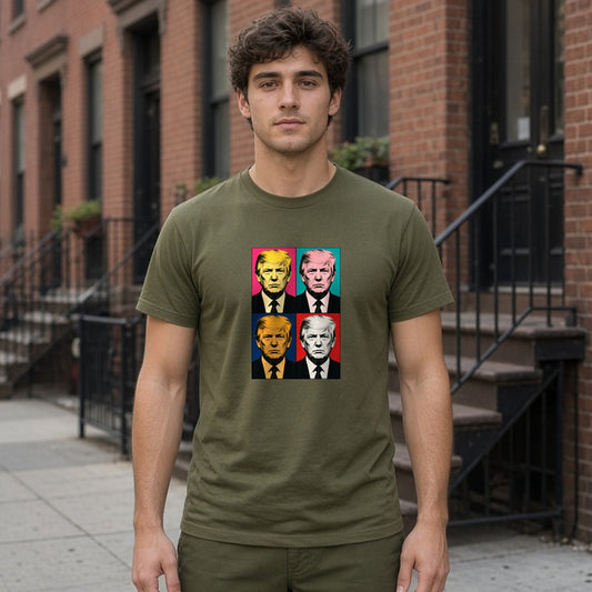 Model wearing trump pop art grid lightweight tee